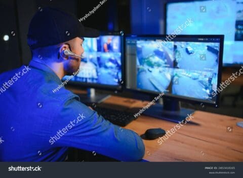 Stock Photo Male Security Guard In Surveillance Room 2452418165