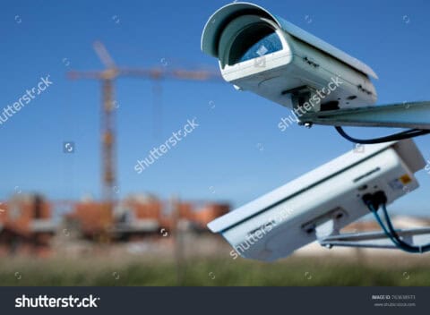 Stock Photo Security Cctv Camera Or Surveillance System With Construction Site On Blurry Background 763638973