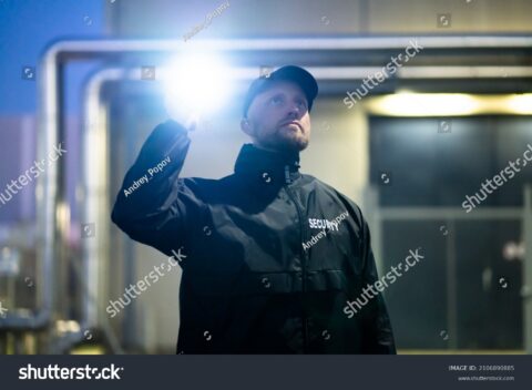 Stock Photo Security Guard Walking Building Perimeter With Flashlight At Night 2106890885
